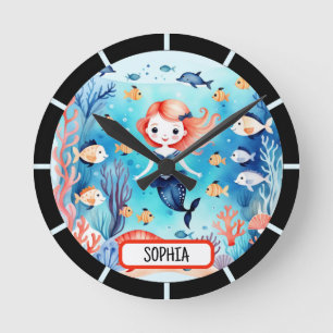 Horloge Ronde Cute Petite Sirène Sous La Mer Personnalisée