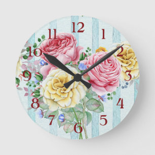 Horloge Ronde Cute Pink and Yellow Roses With Stripes Design