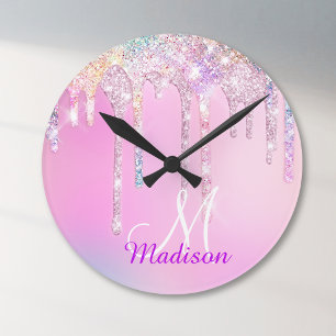 Horloge Ronde Cute Pink Unicorn Rainbow Glitter Drips monogram