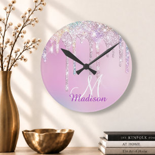 Horloge Ronde Cute Pink Unicorn Rainbow Glitter Drips monogram