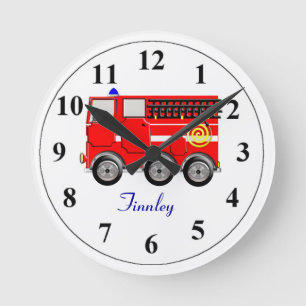 Horloge Ronde Cute Red Fire Engine Personnalisé Garçons Salle Ho