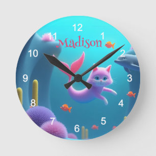 Horloge Ronde Cute rose Sirène Kitten