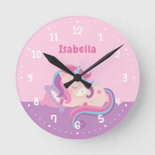 Horloge Ronde Cute Sleeping Unicorn Baby Girl Nursery rose