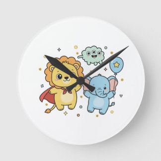 Horloge Ronde Cute Superhero Lion and Elephant Friends Cartoon