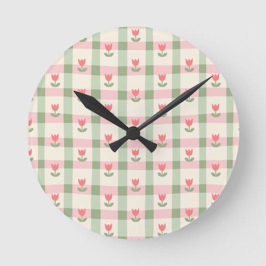 Horloge Ronde Cute Tulip Checkered Pattern | Pastel Floral  (Recto)
