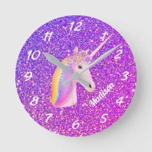 Horloge Ronde Cute Unicorn Purple Pink Parties scintillant perso