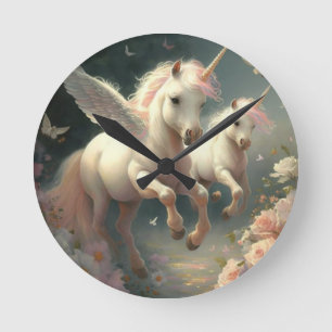 Horloge Ronde Cute Unicornes florale volant petit poney Cl rond