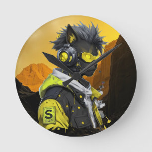 Horloge Ronde Cyber Cat Chat Hacker Néon Futuriste Cyberpunk