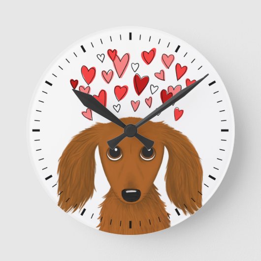 Horloge Ronde Dachshund aux cheveux longs avec Coeurs de Saint-V (Recto)