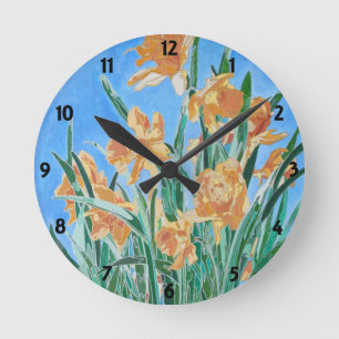 Horloge Ronde Daffodiles d'or en fleurs Gras Line Art