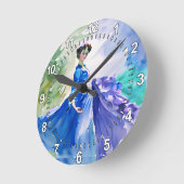 Horloge Ronde Dame en Robe Bleue - Peinture aquarelle (Angle)