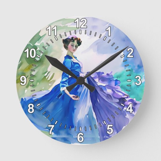 Horloge Ronde Dame en Robe Bleue - Peinture aquarelle (Recto)