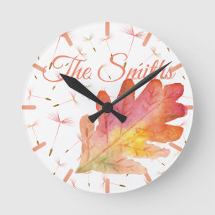 Horloge Ronde Dandelions délicats et feuilles d'automne