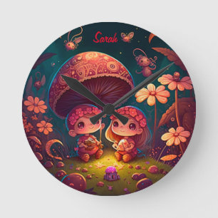 Horloge Ronde De beaux elfes mignons jouent sous les champignons