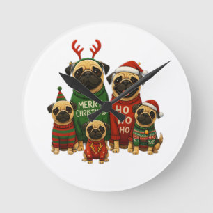 Horloge Ronde 🎄 De mignons pugs de Noël dans des pulls festifs