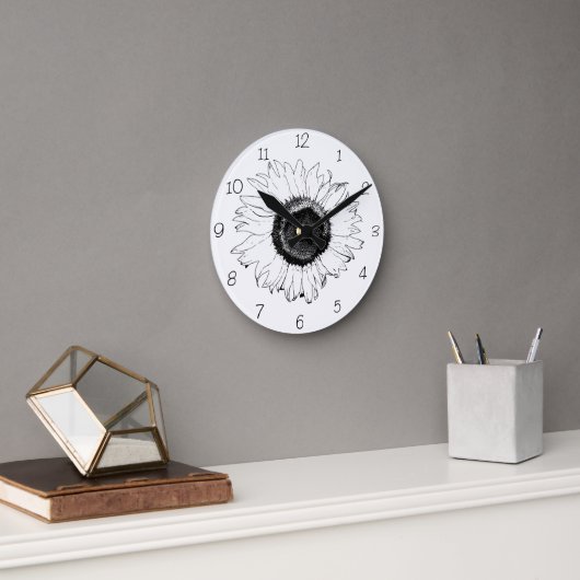 Horloge ronde de tournesol noir et blanc (Bureau)