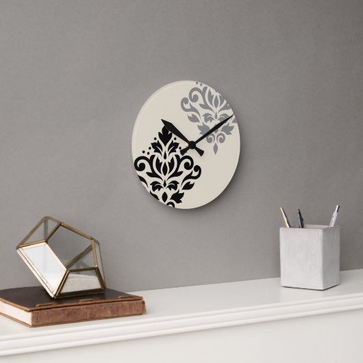 Horloge Ronde Défiler Damask Art I Black Grey Crème (Bureau)