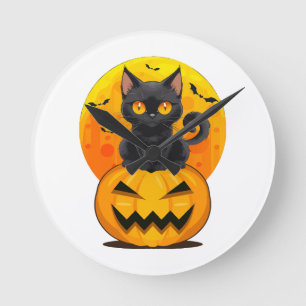 Horloge Ronde Déguisement Halloween Citrouille Chat Noir