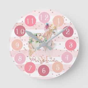 Horloge Ronde Delicate Watercolor Unicorn Pretty Pink Monogram