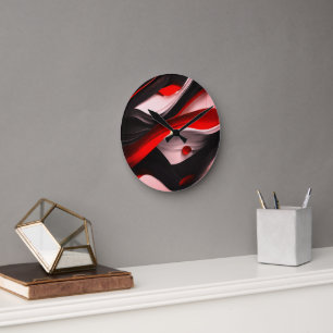 Horloge Ronde Design Abstrait noir & rouge Design moderne Elégan