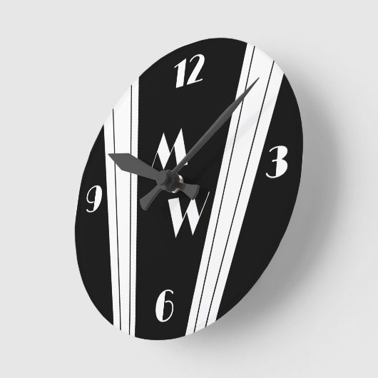 Horloge Ronde Design Art Déco Noir Et Blanc Monogramme (Angle)