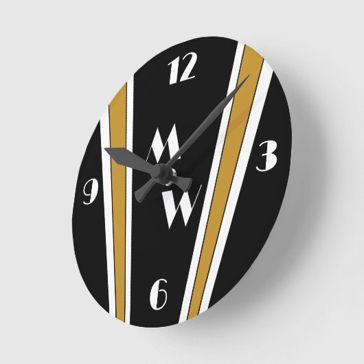 Horloge Ronde Design Art Déco Noir Et Or Monogramme (Angle)