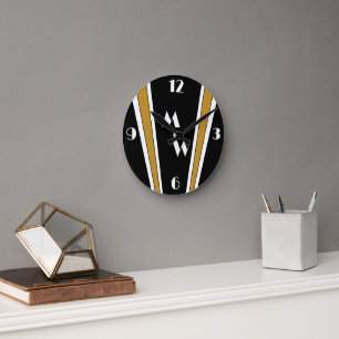 Horloge Ronde Design Art Déco Noir Et Or Monogramme