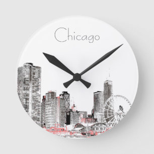 Horloge Ronde Design moderne gris rose de Chicago Skyline