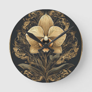 Horloge Ronde Dessin élégant d'orchidée dorée