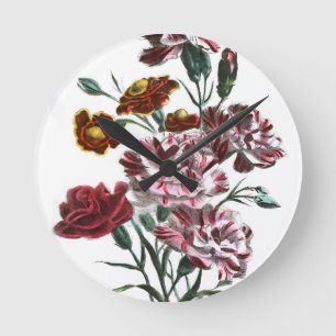 Horloge Ronde Dessin vintage : Fleurs roses flamandes