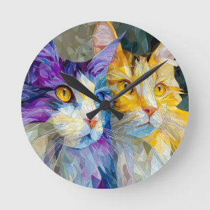 Horloge Ronde Deux chats violets et jaunes