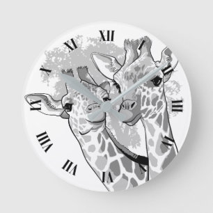 Horloge Ronde Deux girafes en noir et blanc