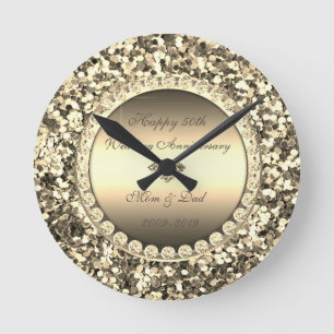 Horloge Ronde Diamants Paillettes Or  50e Anniversaire de Mariag
