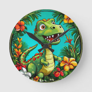 Horloge Ronde Dinosaure adorable entouré de fleurs colorées