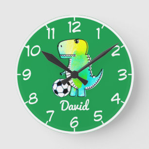 Horloge Ronde Dinosaure Vert Aquarelle Avec Nom Personnalisé 