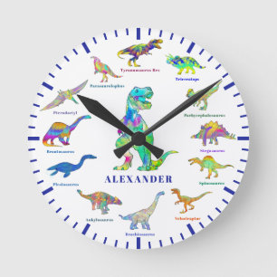 Horloge Ronde Dinosaures colorés mignons avec nom personnalisé p
