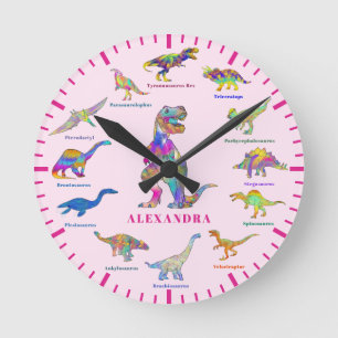 Horloge Ronde Dinosaures mignons avec des noms rose
