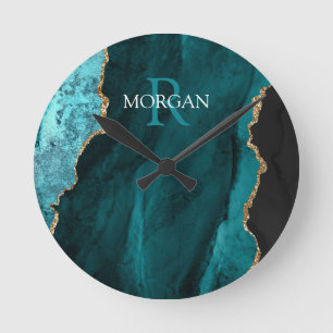 Horloge Ronde DIY Monogram & Name, Black Gold & Teal Agate