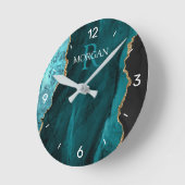 Horloge Ronde DIY Monogram & Name Black Gold Teal Agate, Numbers (Angle)