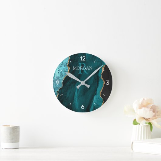 Horloge Ronde DIY Monogram & Name Black Gold Teal Agate, Numbers (Maison)