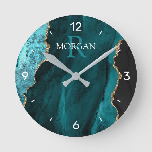 Horloge Ronde DIY Monogram & Name Black Gold Teal Agate, Numbers (Recto)