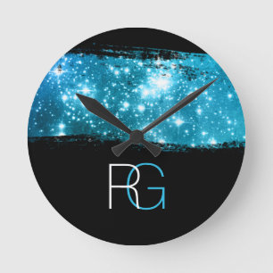 Horloge Ronde do-it-yourself Monogramme blanc & bleu, Brosse de