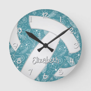 Horloge Ronde doodle fleuri motif boho sport volley-ball turquoi