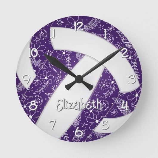 Horloge Ronde doodle plumes fleurs violet boho volleyball (Recto)