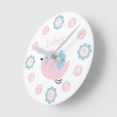 Horloge Ronde Douce Fleur Rose et Bleue et Oiseau Personnalisé (Angle)