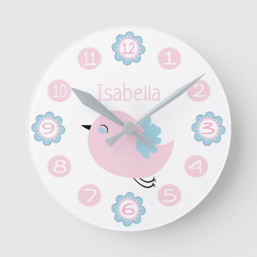 Horloge Ronde Douce Fleur Rose et Bleue et Oiseau Personnalisé (Recto)