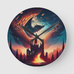 Horloge Ronde Dragon volant au-dessus du Royaume