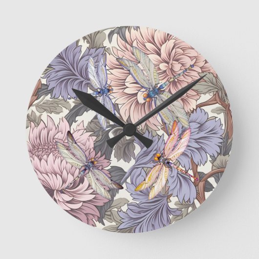 Horloge Ronde Dragonfly Peony rose clair violet français Floral (Recto)
