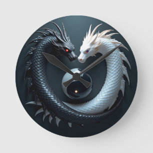 Horloge Ronde Dragons Yin Yang noirs et blancs