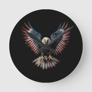 Horloge Ronde Drapeau Américain Aigle chauve 4 juillet USA Patri